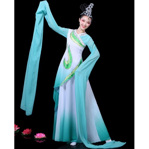 Women girls turquoise pink gradient chinese folk dance dresses waterfall sleeves fairy hanfu traditional classical dance costumes caiwei dance wear for female